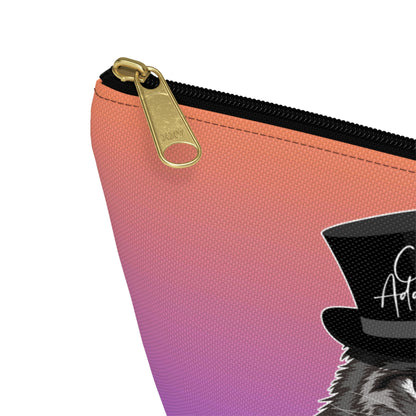 A purple & orange colored accessory bag with zip for Maine Coon cat lovers. Use for cosmetics, makeup, toiletries, travel essentials. Design features a Maine Coon cat wearing a top hat & the words "Cat Addict". 