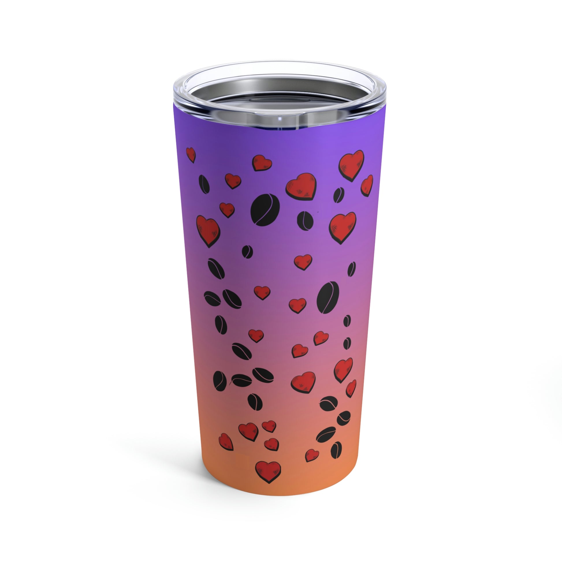 A purple stainless steel tumbler with a Bengal cat, coffee beans, love hearts and the text 'COFFEE TIME' illustrated on it.