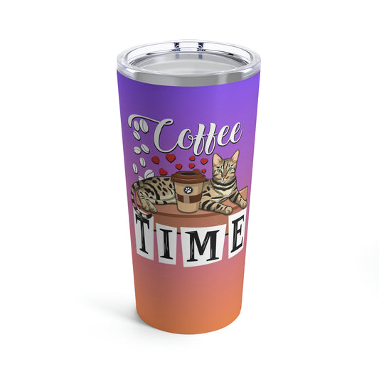 A purple stainless steel tumbler with a Bengal cat, coffee beans, love hearts and the text 'COFFEE TIME' illustrated on it.