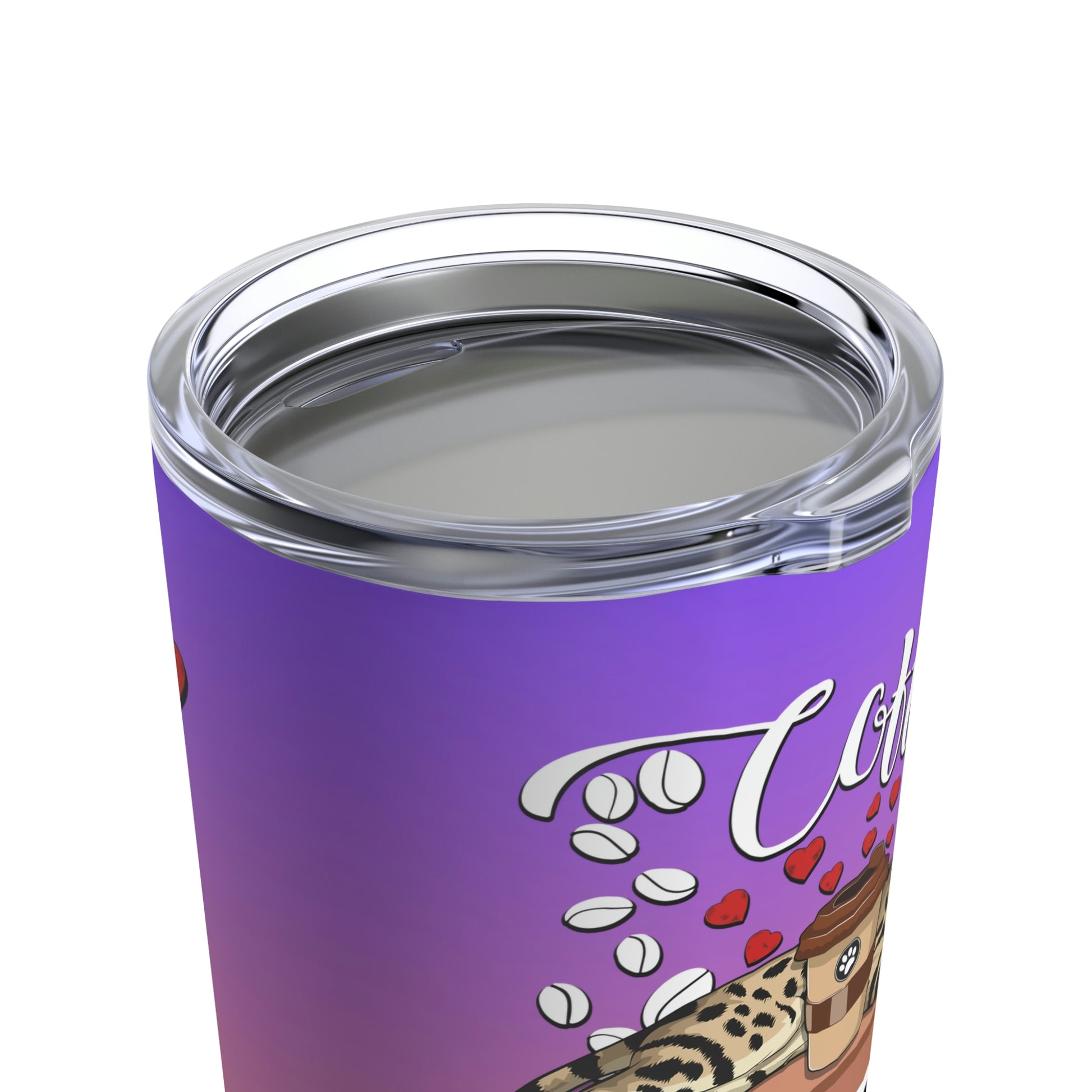 A purple stainless steel tumbler with a Bengal cat, coffee beans, love hearts and the text 'COFFEE TIME' illustrated on it.
