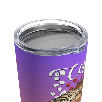 A purple stainless steel tumbler with a Bengal cat, coffee beans, love hearts and the text 'COFFEE TIME' illustrated on it.