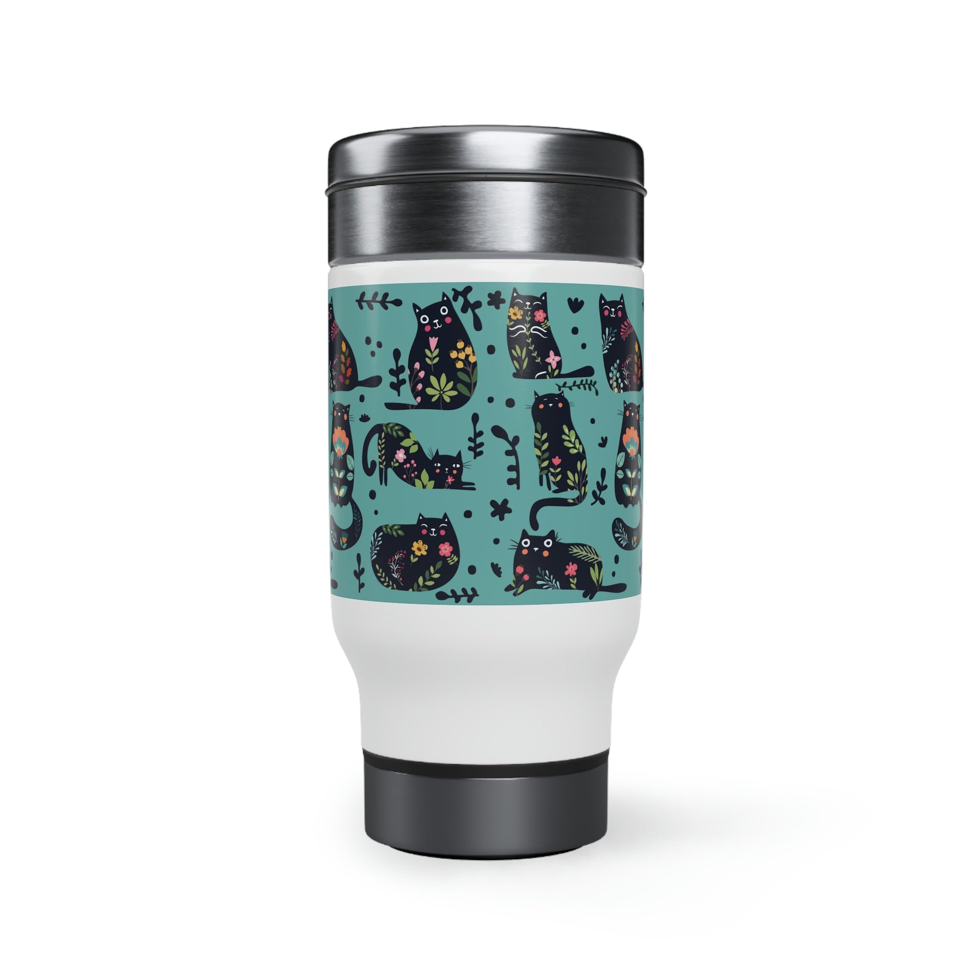 A stainless steel travel mug with a colorful cats-and-flowers design and a black handle. 