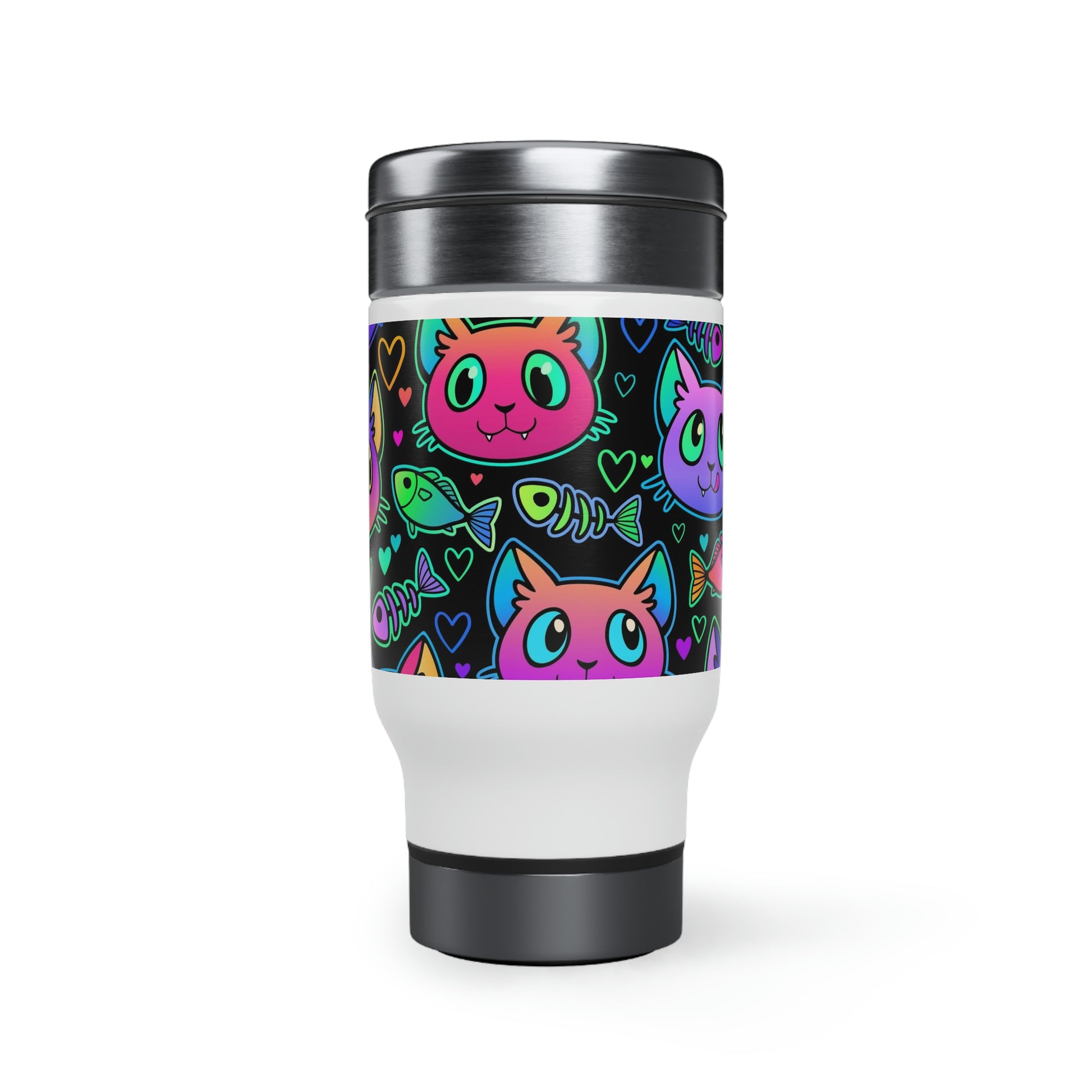 A stainless steel travel mug with a colorful design of neon cats, fish and hearts, featuring a screw-on cap.