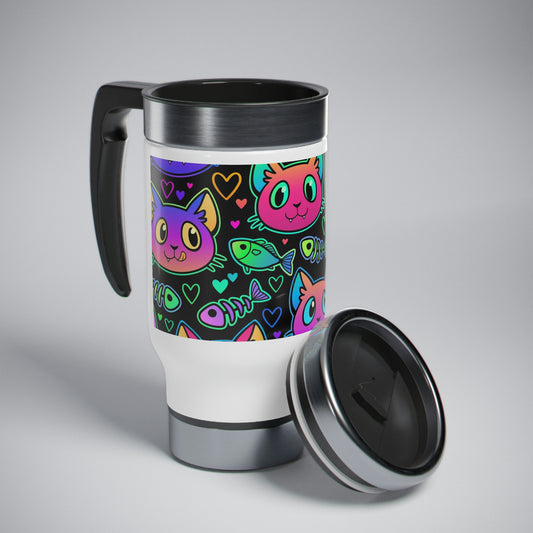 A stainless steel travel mug with a colorful design of neon cats, fish and hearts, featuring a screw-on cap.