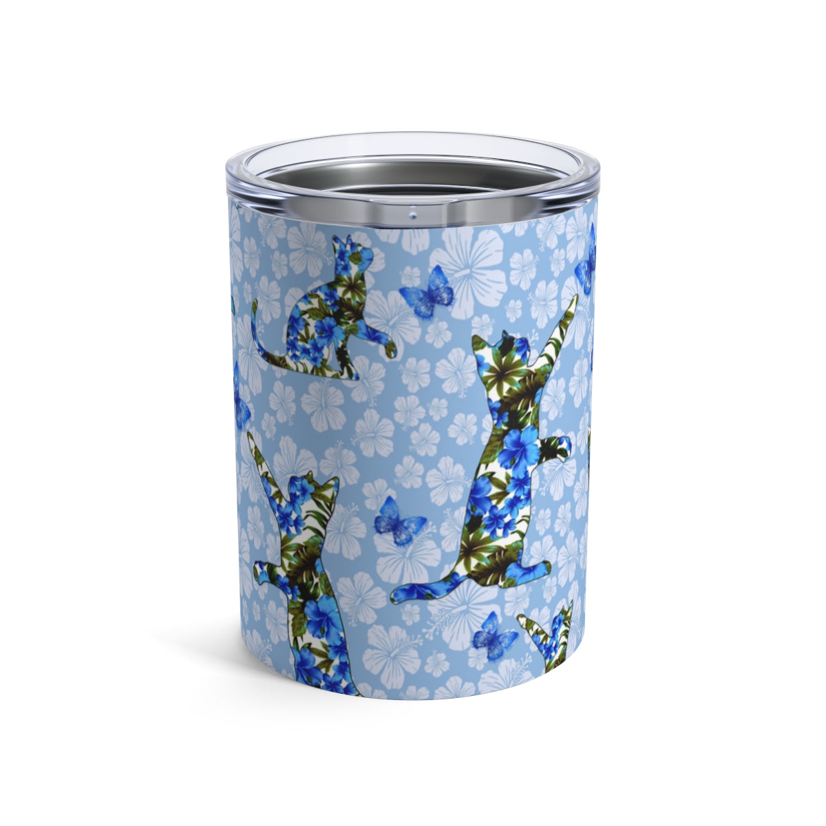 A stainless steel tumbler with a floral pattern featuring flowers, butterflies, and cat silhouettes on a blue and white floral background.