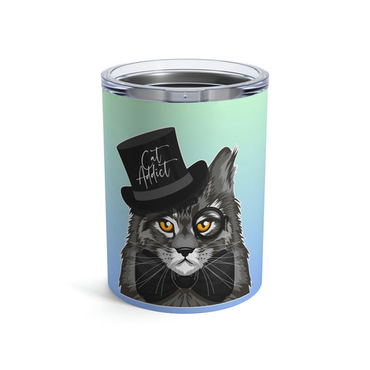 A stainless steel tumbler with a graphic of a Maine coon cat wearing a black top hat and the text 'Cat Addict'.