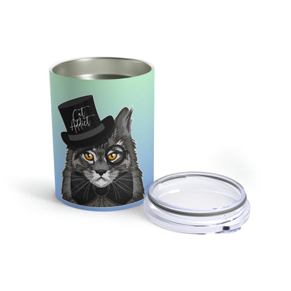 A stainless steel tumbler with a graphic of a Maine coon cat wearing a black top hat and the text 'Cat Addict'.