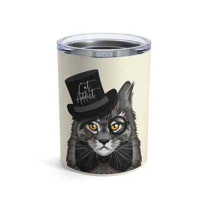 A stainless steel tumbler with a graphic of a Maine coon cat wearing a top hat and the text 'Cat Addict'.