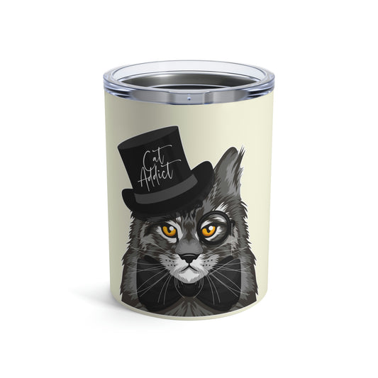 A stainless steel tumbler with a graphic of a Maine coon cat wearing a top hat and the text 'Cat Addict'.