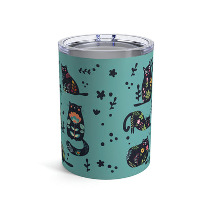 Abstract On Blue Cat Silhouette Floral Themed Travel Tumbler 10oz