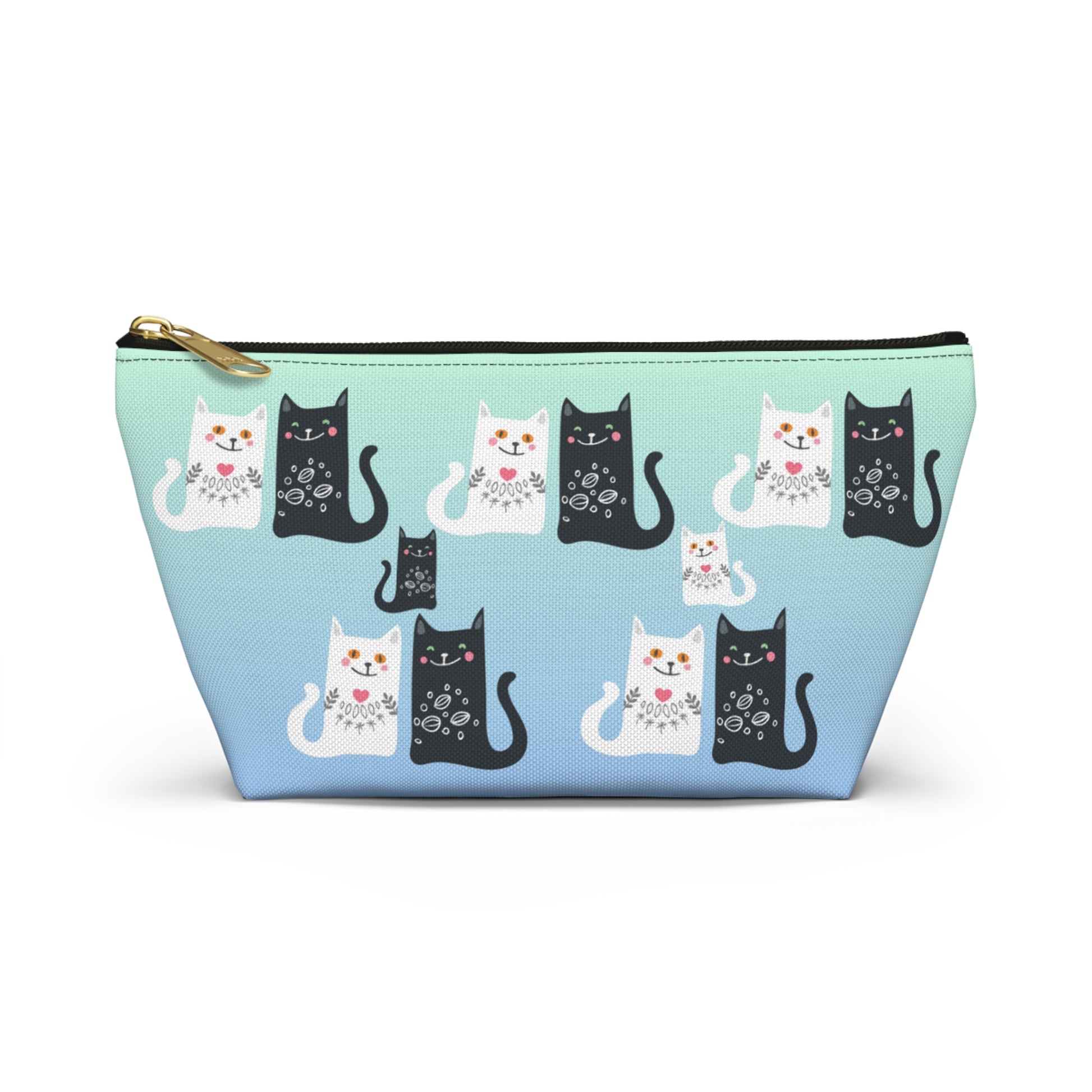 Blue colored Accessory Bag, featuring a charming black and white cats pattern Cosmetic, makeup, toiletry, travel, pencil case & everyday bag for cat lovers.