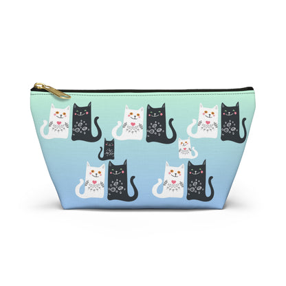 Blue colored Accessory Bag, featuring a charming black and white cats pattern Cosmetic, makeup, toiletry, travel, pencil case & everyday bag for cat lovers.