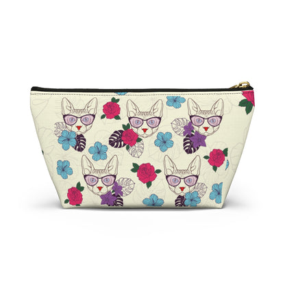 An accessory bag with a vibrant floral pattern of illustrated Sphynx cats wearing sunglasses. Cosmetic, makeup, toiletry, travel, pencil case & everyday bag for cat lovers.