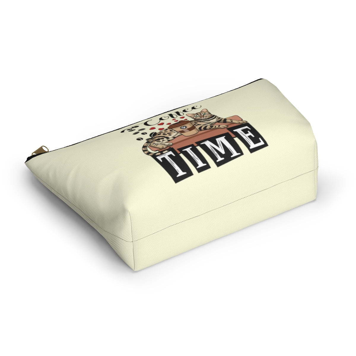 A cream accessory bag with an illustration of a Bengal cat, coffee beans and love hearts, and the text 'COFFEE TIME'. Cosmetic, makeup, toiletry, travel, pencil case & everyday bag for Bengal cat and coffee lovers.