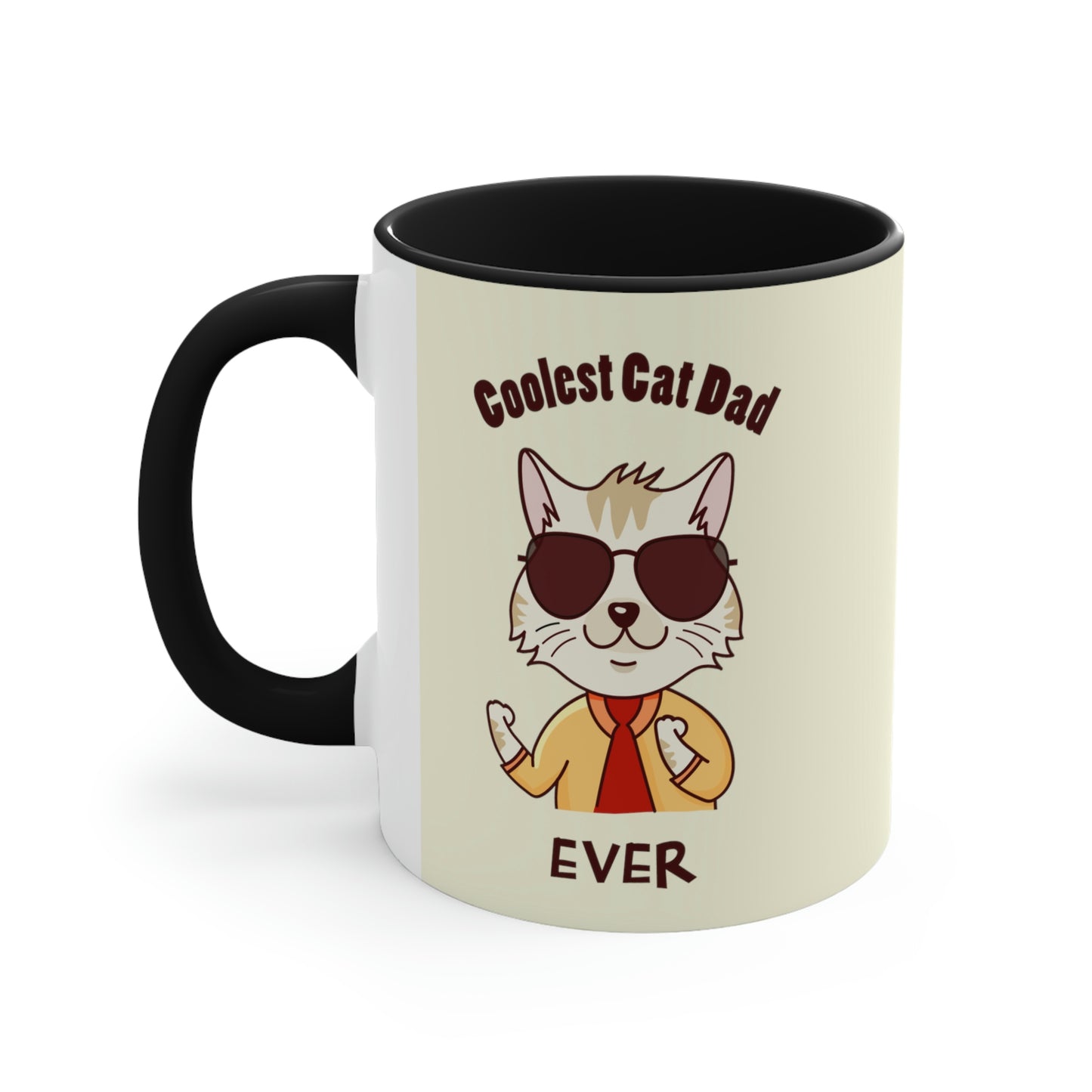 Black and cream mug with a cartoon cat and the text "Coolest Cat Dad Ever."