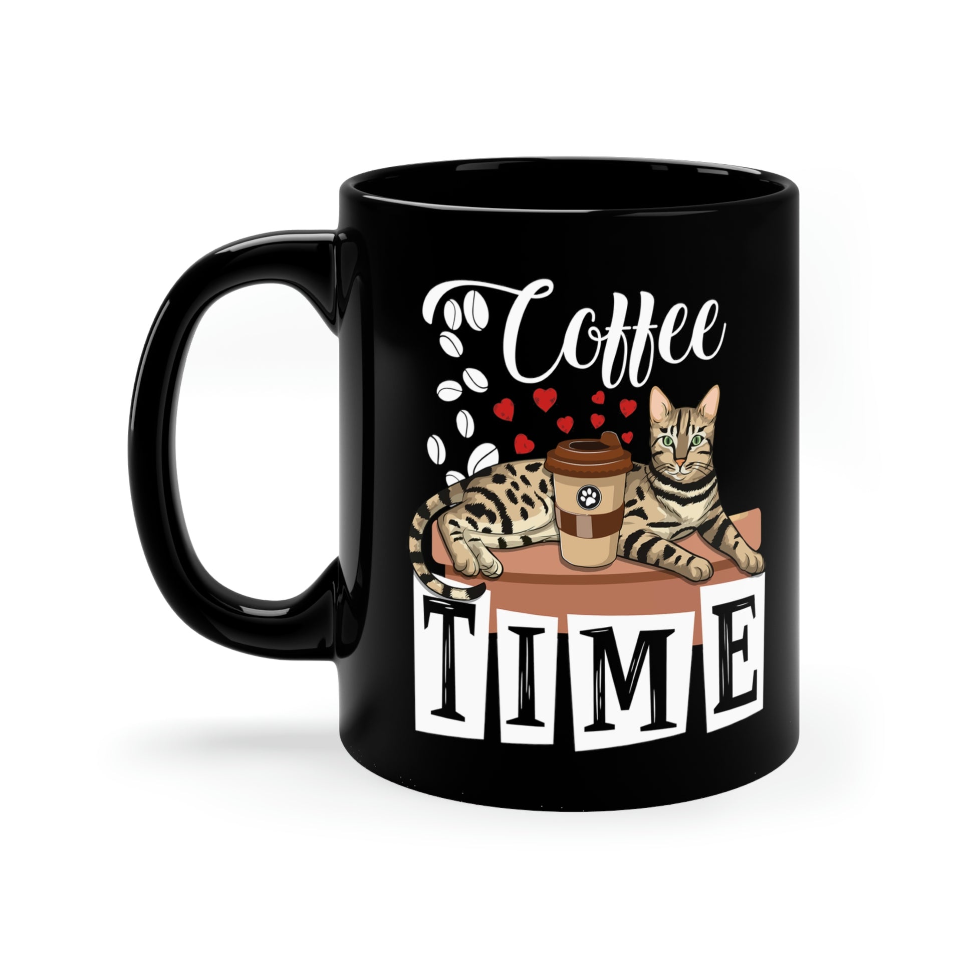 Black mug with Bengal cat, coffee beans and love hearts design with "Coffee Time" text.