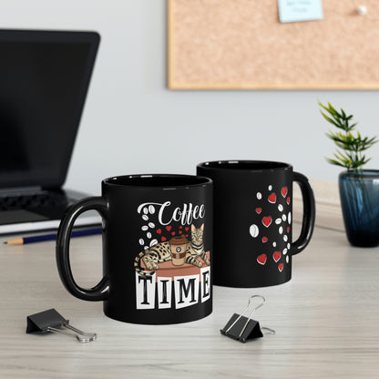 Black mug with Bengal cat, coffee beans and love hearts design with "Coffee Time" text.
