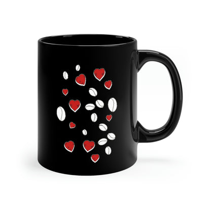 Black mug with Bengal cat, coffee beans and love hearts design with "Coffee Time" text.