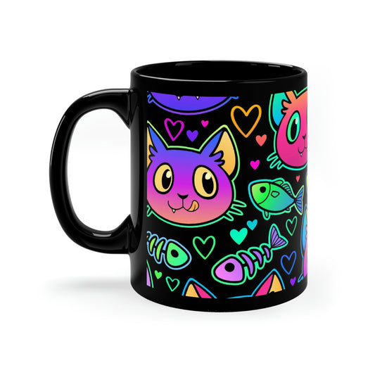 Black mug with neon cats, hearts and fish design.