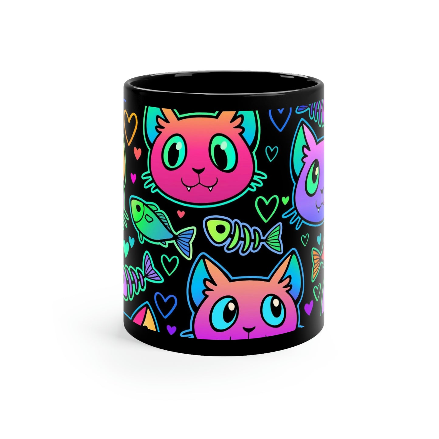 Black mug with neon cats, hearts and fish design.