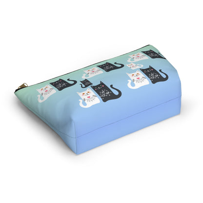 Blue colored Accessory Bag, featuring a charming black and white cats pattern Cosmetic, makeup, toiletry, travel, pencil case & everyday bag for cat lovers.
