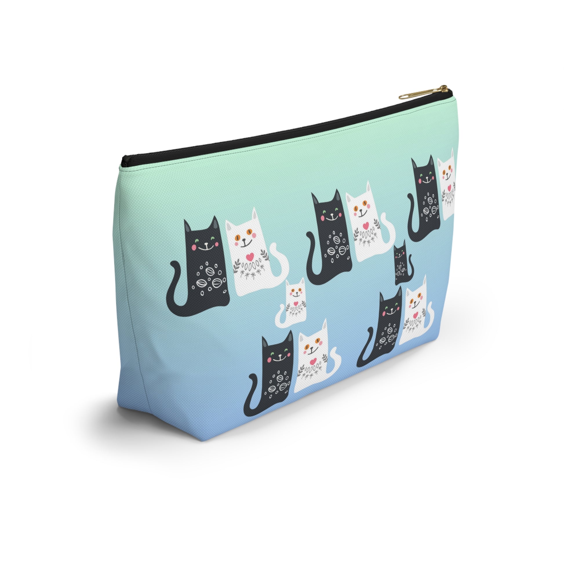 Blue colored Accessory Bag, featuring a charming black and white cats pattern Cosmetic, makeup, toiletry, travel, pencil case & everyday bag for cat lovers.