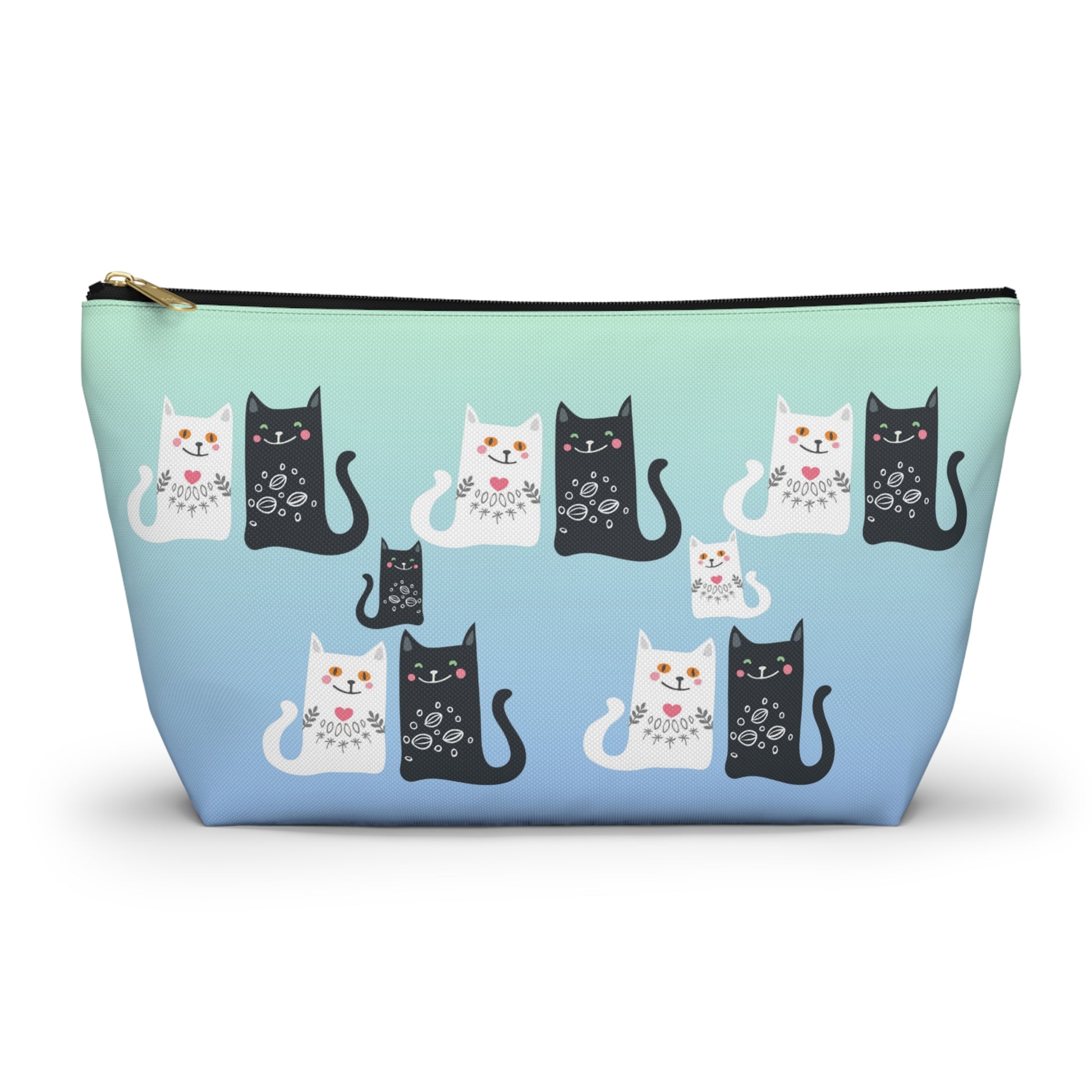 Blue colored Accessory Bag, featuring a charming black and white cats pattern Cosmetic, makeup, toiletry, travel, pencil case & everyday bag for cat lovers.
