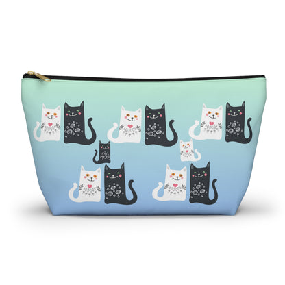 Blue colored Accessory Bag, featuring a charming black and white cats pattern Cosmetic, makeup, toiletry, travel, pencil case & everyday bag for cat lovers.