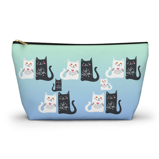 Blue colored Accessory Bag, featuring a charming black and white cats pattern Cosmetic, makeup, toiletry, travel, pencil case & everyday bag for cat lovers.