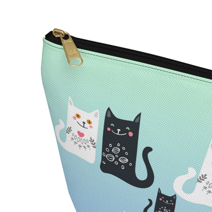 Blue colored Accessory Bag, featuring a charming black and white cats pattern Cosmetic, makeup, toiletry, travel, pencil case & everyday bag for cat lovers.