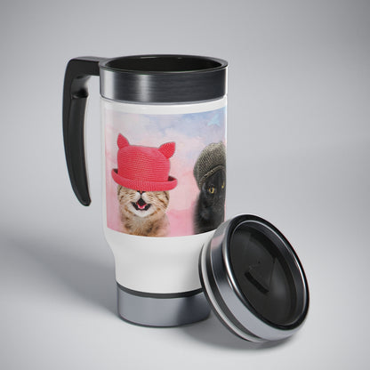 Cat In Hats Travel Tumbler with Three Cats Wearing Hats 14oz Travel Cup With Handle Multicolor.