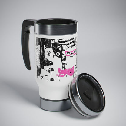 Cat Parade insulated stainless steel Travel Mug with handle featuring cartoon cats design 