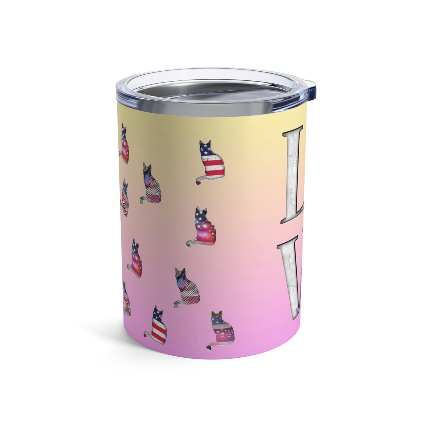A pink and yellow stainless steel travel tumbler with 'LOVE' text and a silhouettes of cats in the stars & stripes.