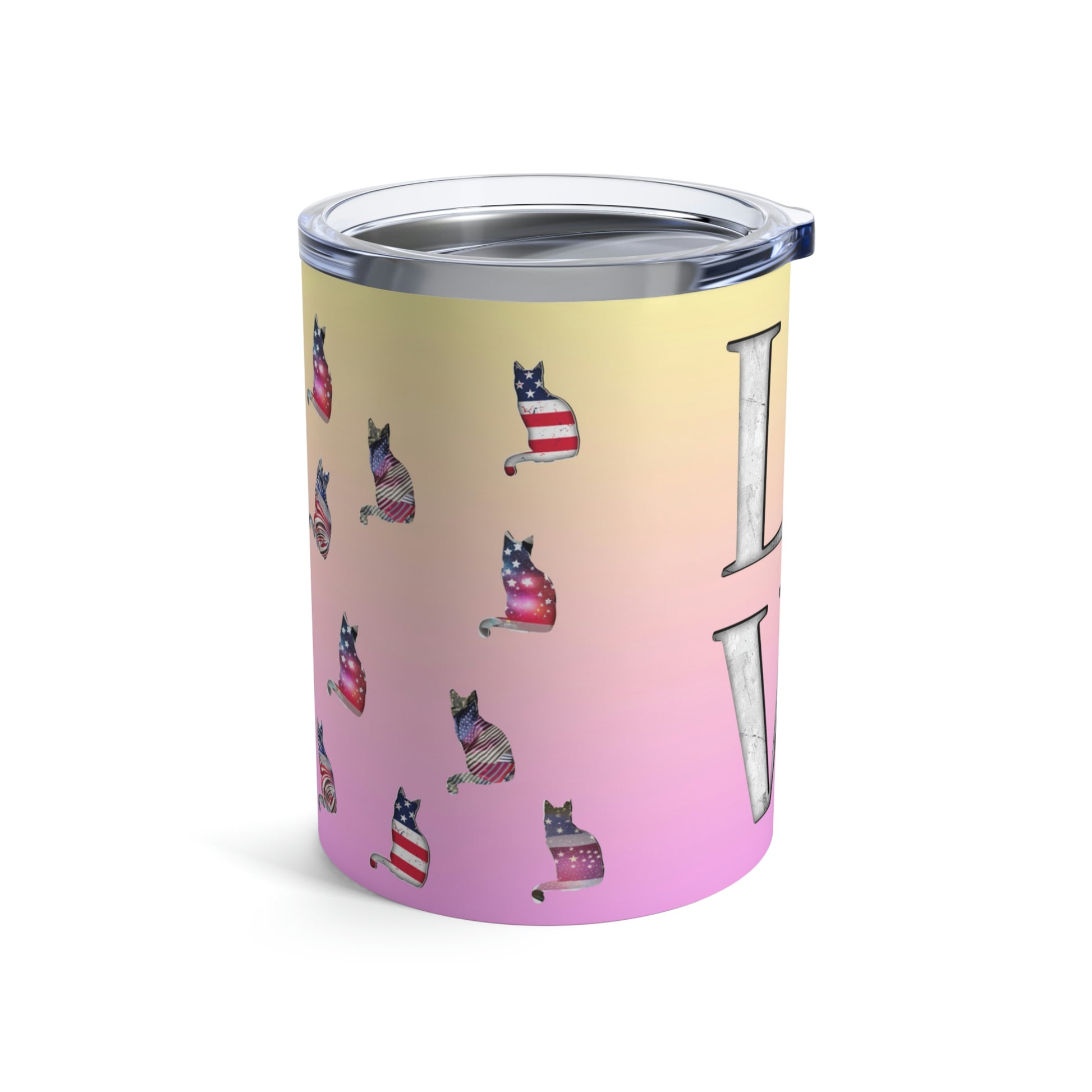 A pink and yellow stainless steel travel tumbler with 'LOVE' text and a silhouettes of cats in the stars & stripes.
