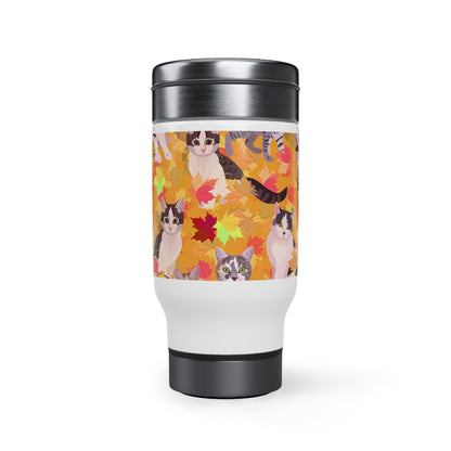 Cats & Fall Themed Fall Leaves Travel Mug 14oz With Black Handle Insulating Plastic Thermos Interior  