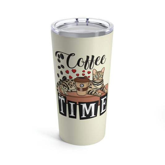 Coffee Beans & Love Hearts Cream Tumbler 20oz, Bengal Cat & Coffee Theme, and the text 'COFFEE TIME'.