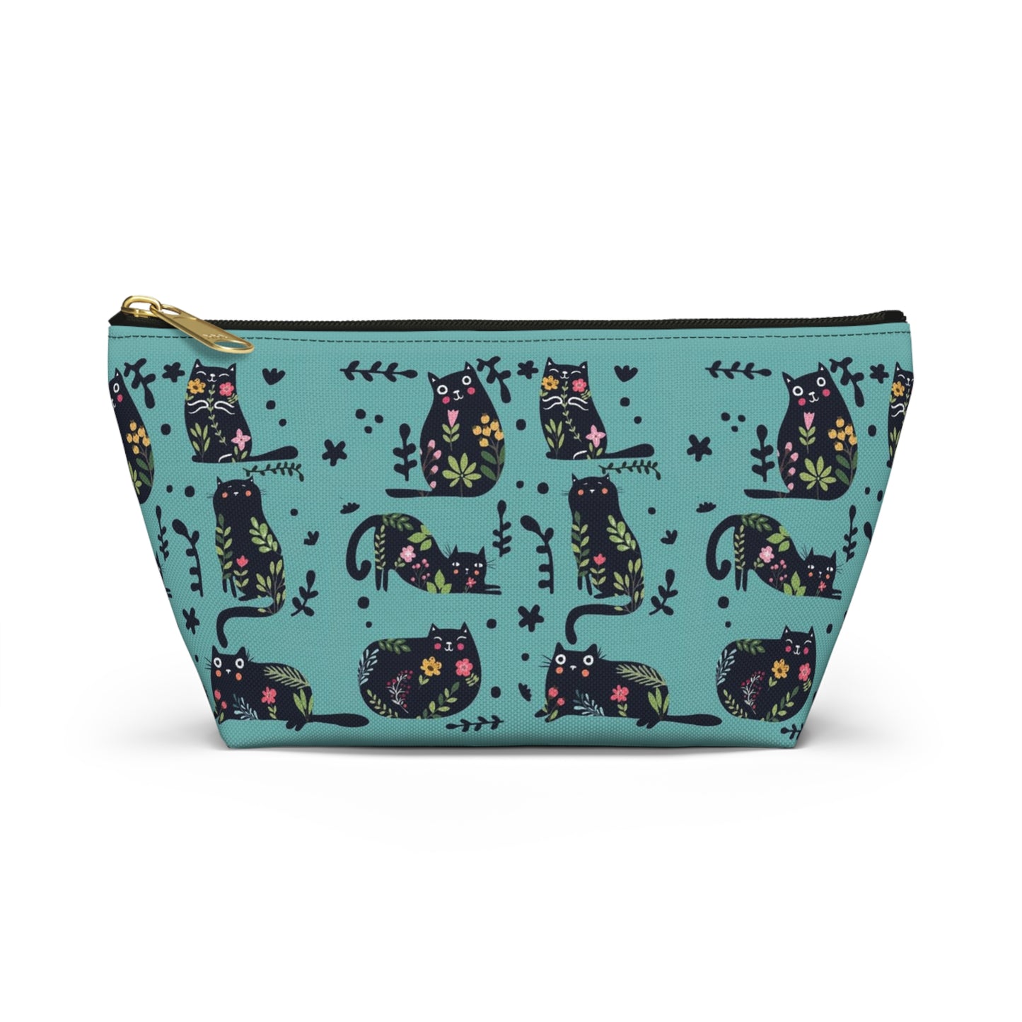 A blue cosmetic and toiletry bag with an abstract pattern featuring black cats and floral design. Cosmetic, makeup, toiletry, travel, pencil case & everyday bag for cat lovers.