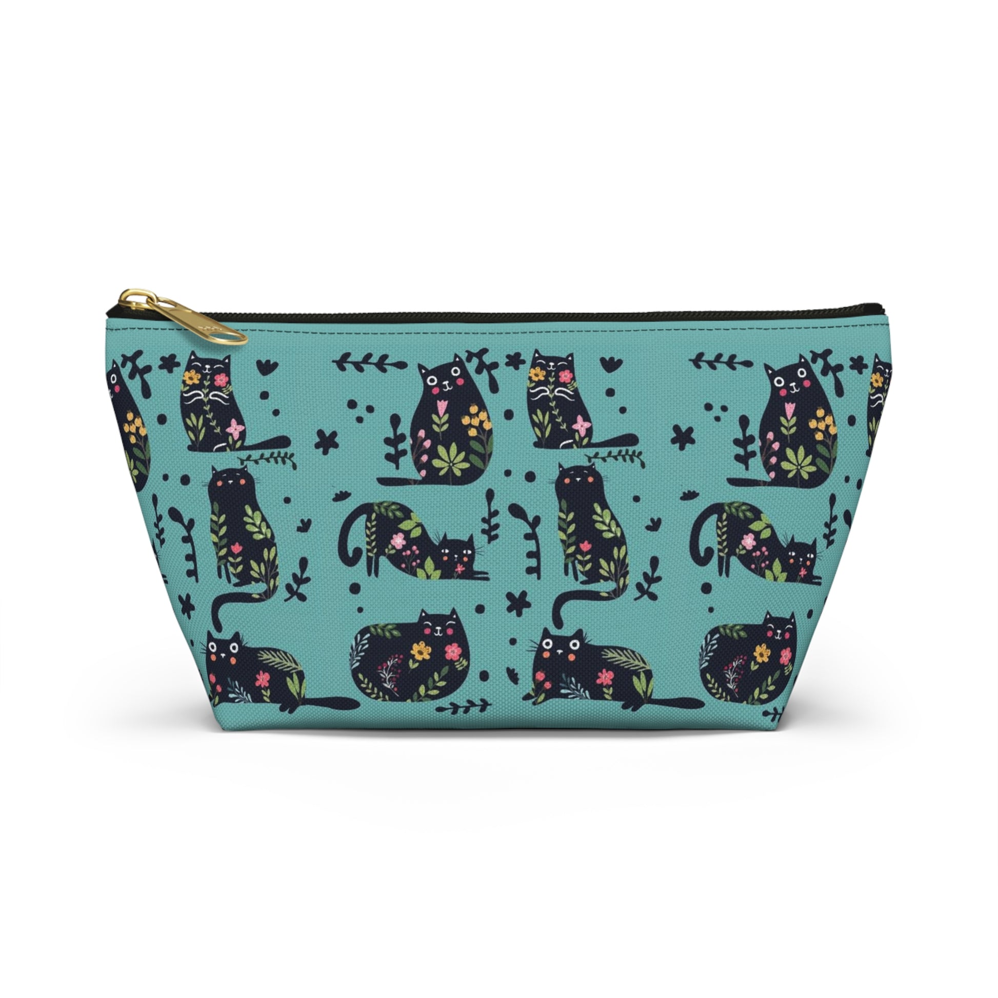 A blue cosmetic and toiletry bag with an abstract pattern featuring black cats and floral design. Cosmetic, makeup, toiletry, travel, pencil case & everyday bag for cat lovers.