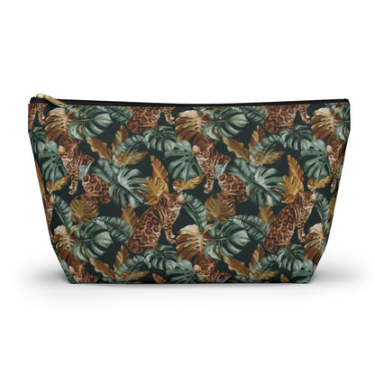 Cosmetic, makeup, toiletries, travel essentials accessory bag with zipper featuring a Bengal cat print against green leafy background. For Bengal cat lovers.