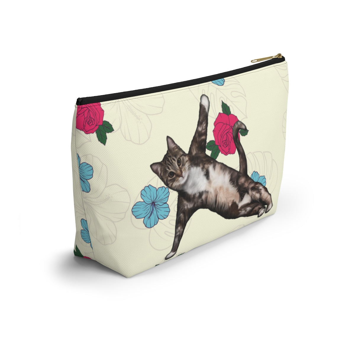 Yoga Pose accessory bag featuring a cat in a yoga pose and vibrant floral design. Cosmetic, makeup, toiletry, travel, pencil case & everyday bag for cat lovers.