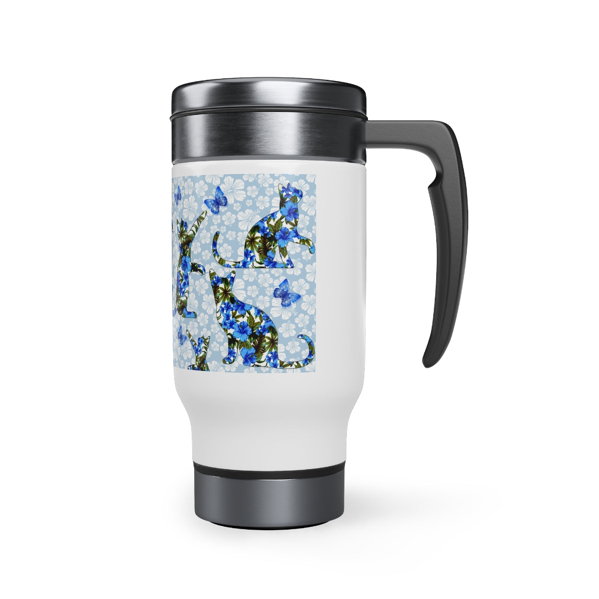 Floral Travel Mug Cat Themed Cats, Butterflies and Flowers Pattern Blue  And White Insulated Travel Mug 14oz  With Handle