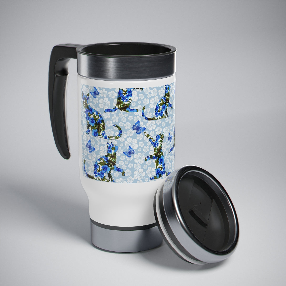 Floral Travel Mug Cat Themed Cats, Butterflies and Flowers Pattern Blue  And White Insulated Travel Mug 14oz  With Handle