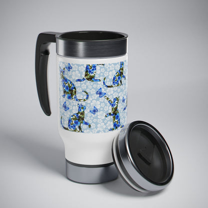 Floral Travel Mug Cat Themed Cats, Butterflies and Flowers Pattern Blue  And White Insulated Travel Mug 14oz  With Handle