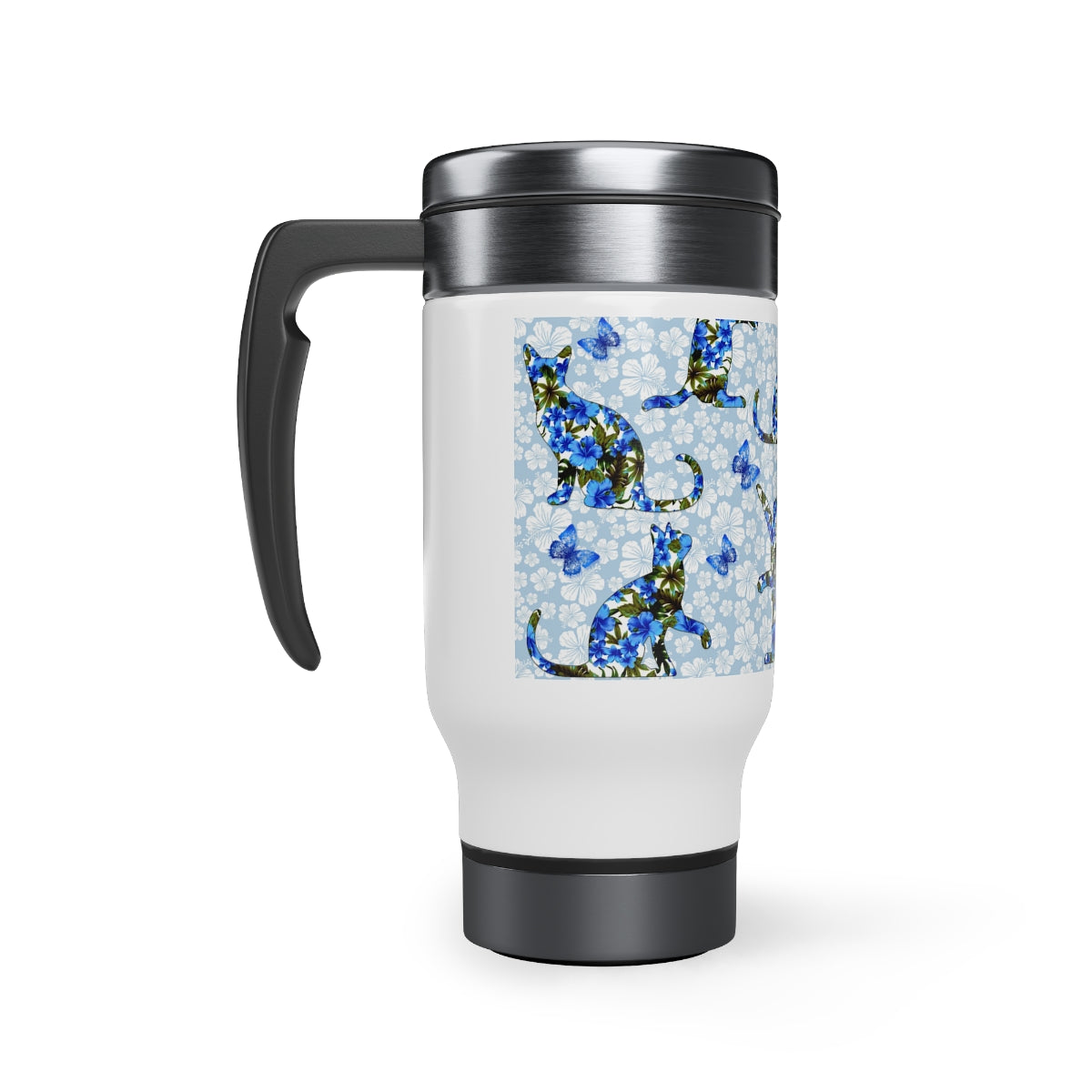 Floral Travel Mug Cat Themed Cats, Butterflies and Flowers Pattern Blue  And White Insulated Travel Mug 14oz  With Handle