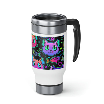 A stainless steel travel mug with a colorful design of neon cats, fish and hearts, featuring a screw-on cap.