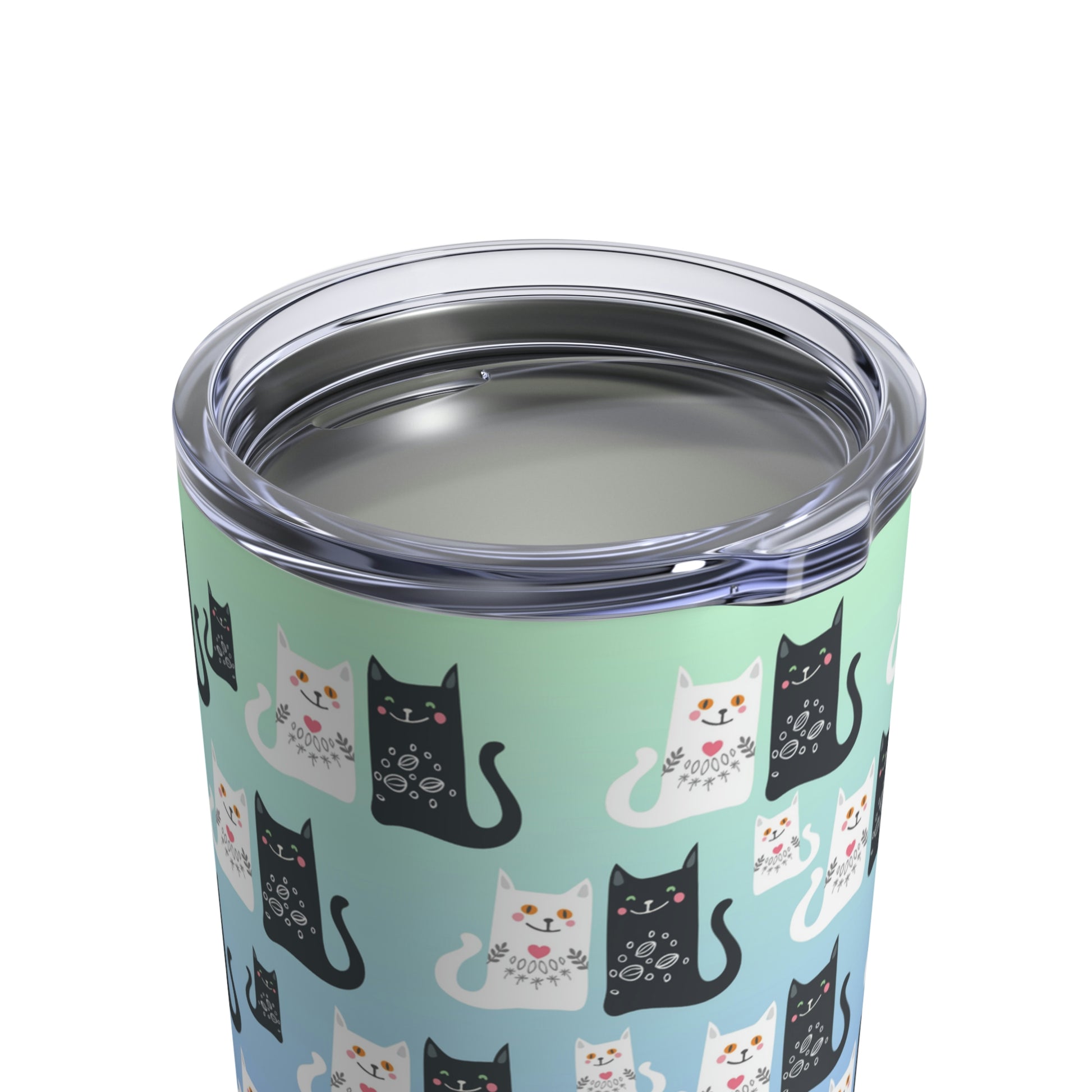 Happy Together Tumbler 10oz. A stainless steel tumbler with a pattern of black and white cats on a blue background.  