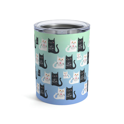 Happy Together Tumbler 10oz. A stainless steel tumbler with a pattern of black and white cats on a blue background.  