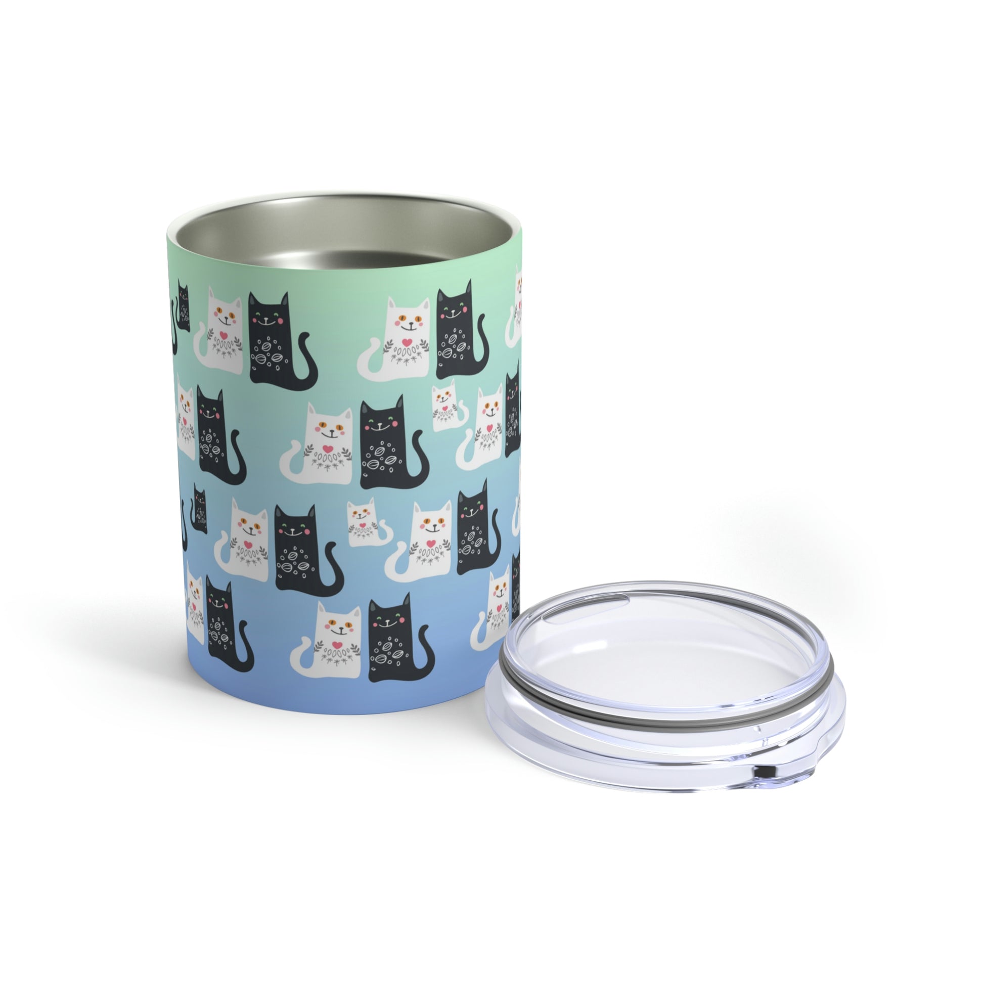 Happy Together Tumbler 10oz. A stainless steel tumbler with a pattern of black and white cats on a blue background.  
