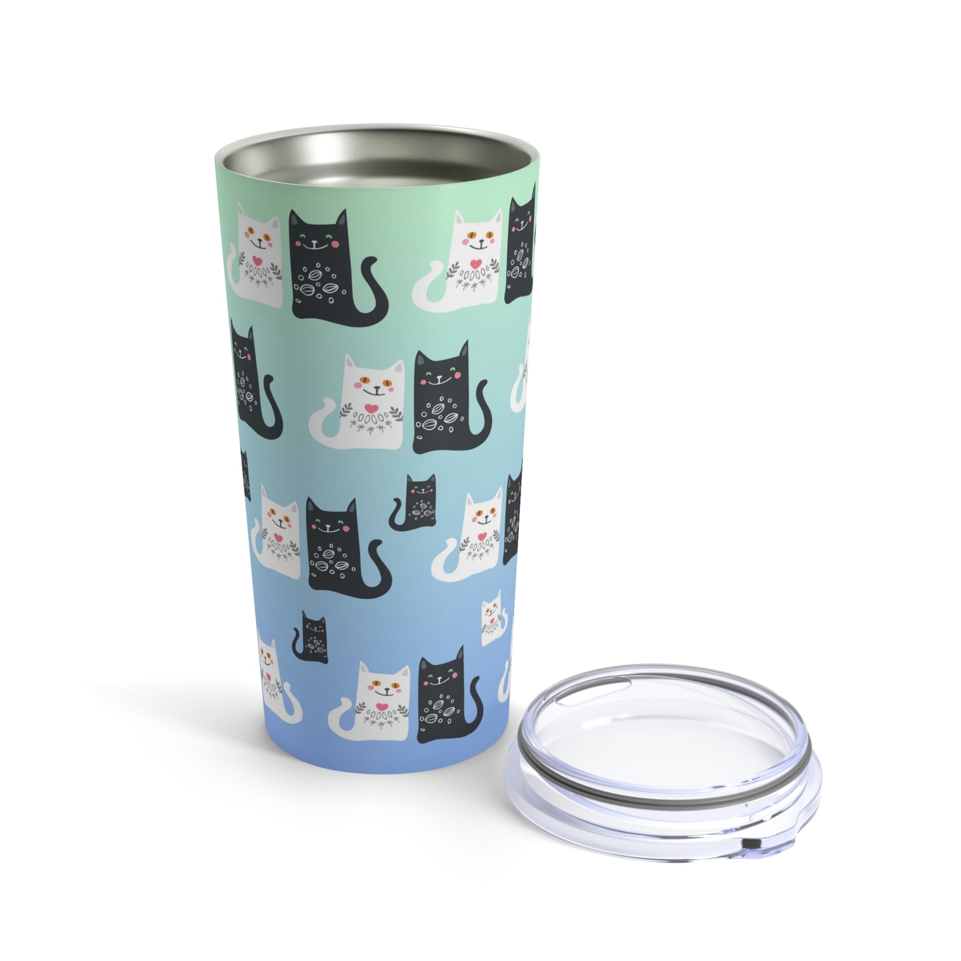 Happy Together Tumbler 20oz A stainless steel tumbler with a black and white cat pattern.