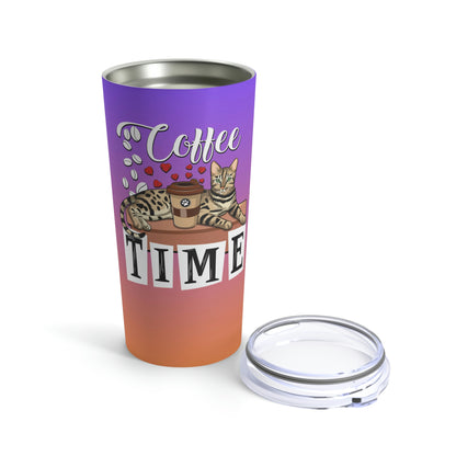 A purple stainless steel tumbler with a Bengal cat, coffee beans, love hearts and the text 'COFFEE TIME' illustrated on it.